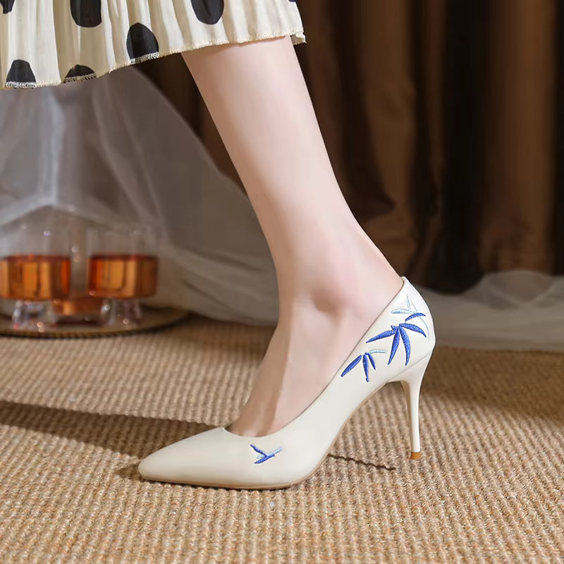 Embroidery Pointed Toe Stiletto Slip-On Pu Leather High Heels