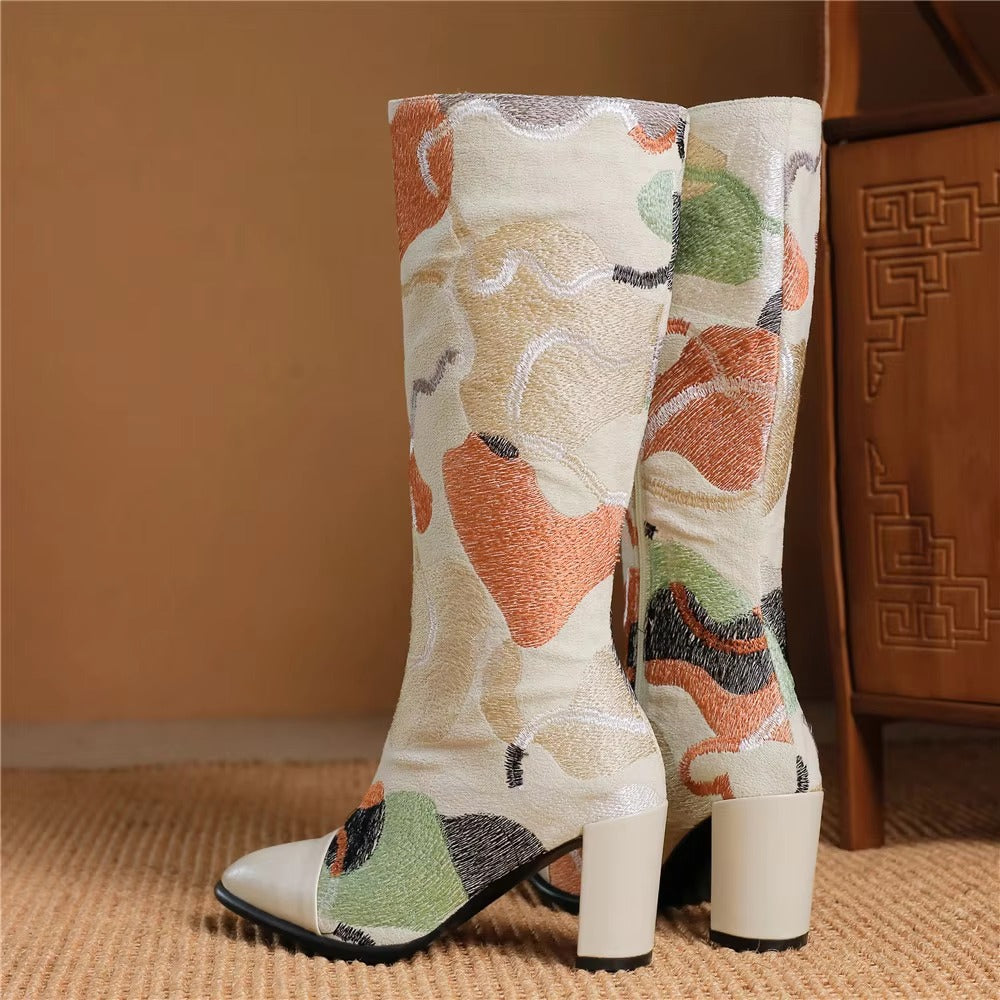 Embroidery Western Zipper Pointed Toe Thick Heel Knee High Boots