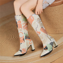 Embroidery Western Zipper Pointed Toe Thick Heel Knee High Boots