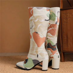 Embroidery Western Zipper Pointed Toe Thick Heel Knee High Boots