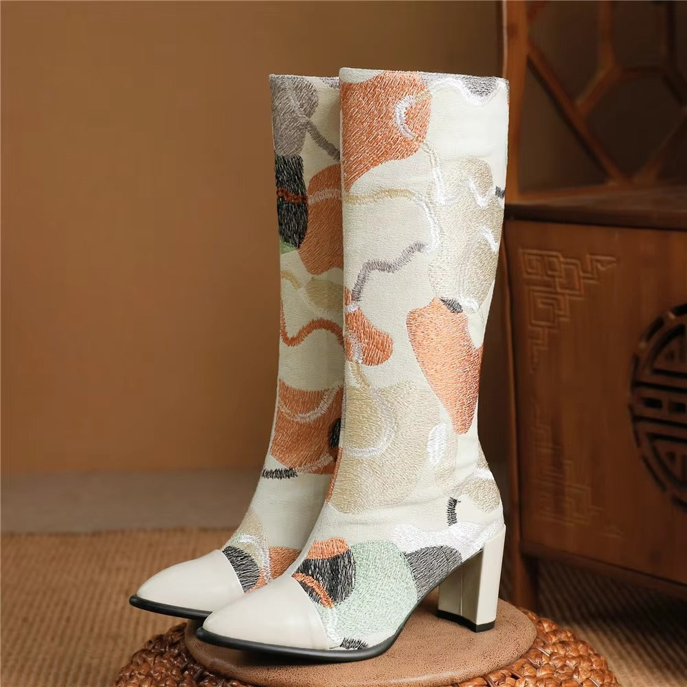 Embroidery Western Zipper Pointed Toe Thick Heel Knee High Boots