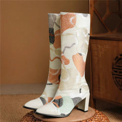 Embroidery Western Zipper Pointed Toe Thick Heel Knee High Boots