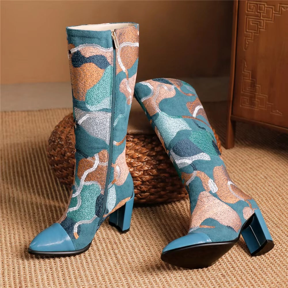 Embroidery Western Zipper Pointed Toe Thick Heel Knee High Boots