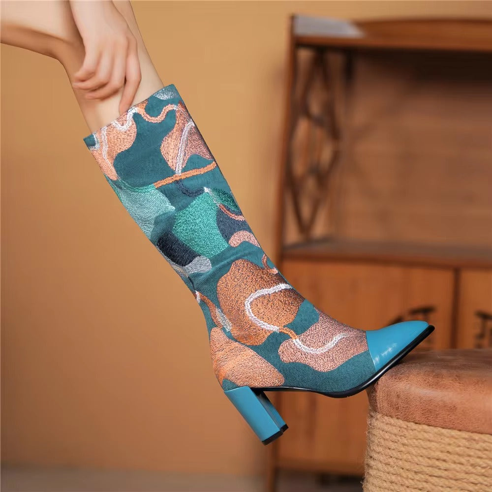 Embroidery Western Zipper Pointed Toe Thick Heel Knee High Boots