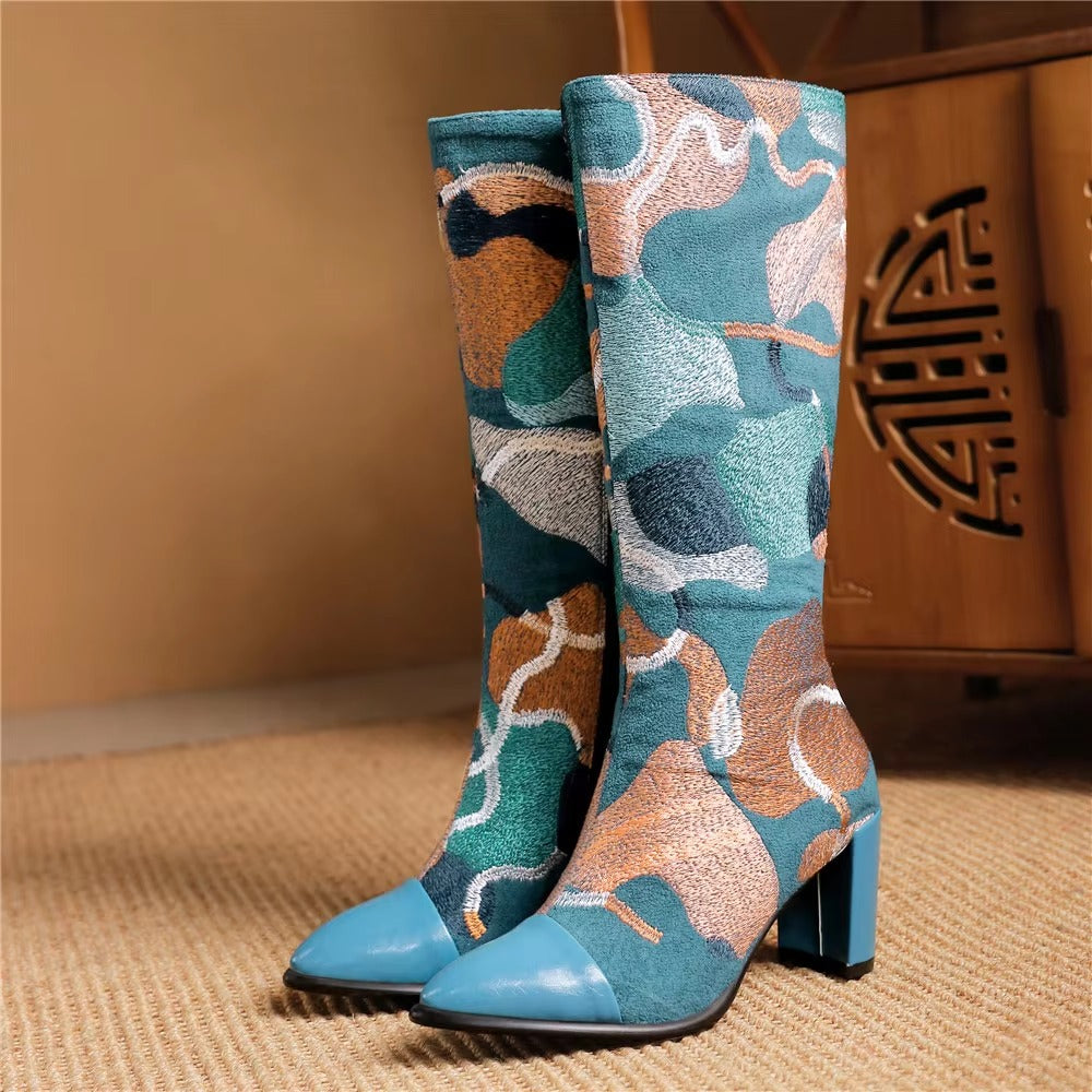 Embroidery Western Zipper Pointed Toe Thick Heel Knee High Boots