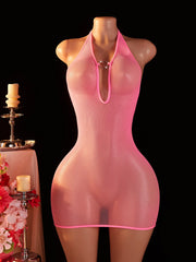 Erotic Backless Perspective Nightdress Seductive Date Night Lingerie Halter Deep V Babydoll Dress Hollow Out Porn Costume