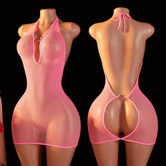 Erotic Backless Perspective Nightdress Seductive Date Night Lingerie Halter Deep V Babydoll Dress Hollow Out Porn Costume