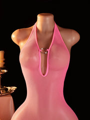 Erotic Backless Perspective Nightdress Seductive Date Night Lingerie Halter Deep V Babydoll Dress Hollow Out Porn Costume