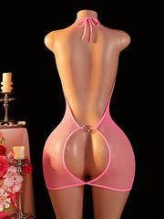 Erotic Backless Perspective Nightdress Seductive Date Night Lingerie Halter Deep V Babydoll Dress Hollow Out Porn Costume
