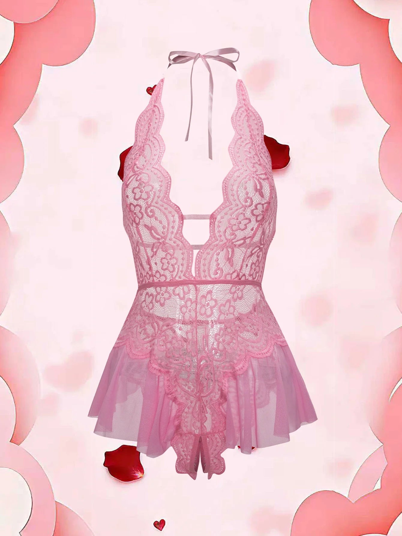 Erotic Crotchless Lingerie Teddies Bodysuit Lace Up Halter Deep V Babydoll Dress Backless Hollow Out Date Night Outfit