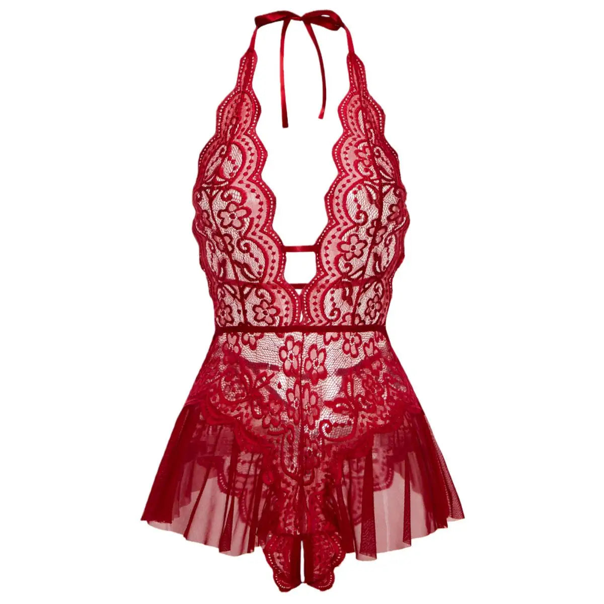 Erotic Crotchless Lingerie Teddies Bodysuit Lace Up Halter Deep V Babydoll Dress Backless Hollow Out Date Night Outfit