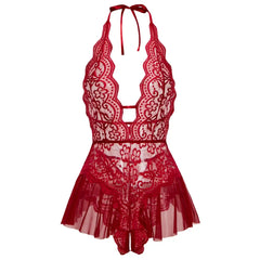 Erotic Crotchless Lingerie Teddies Bodysuit Lace Up Halter Deep V Babydoll Dress Backless Hollow Out Date Night Outfit