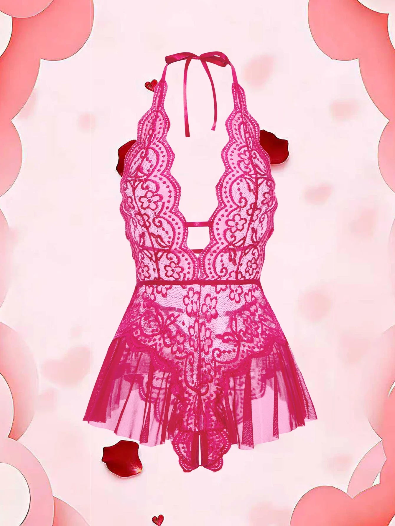 Erotic Crotchless Lingerie Teddies Bodysuit Lace Up Halter Deep V Babydoll Dress Backless Hollow Out Date Night Outfit