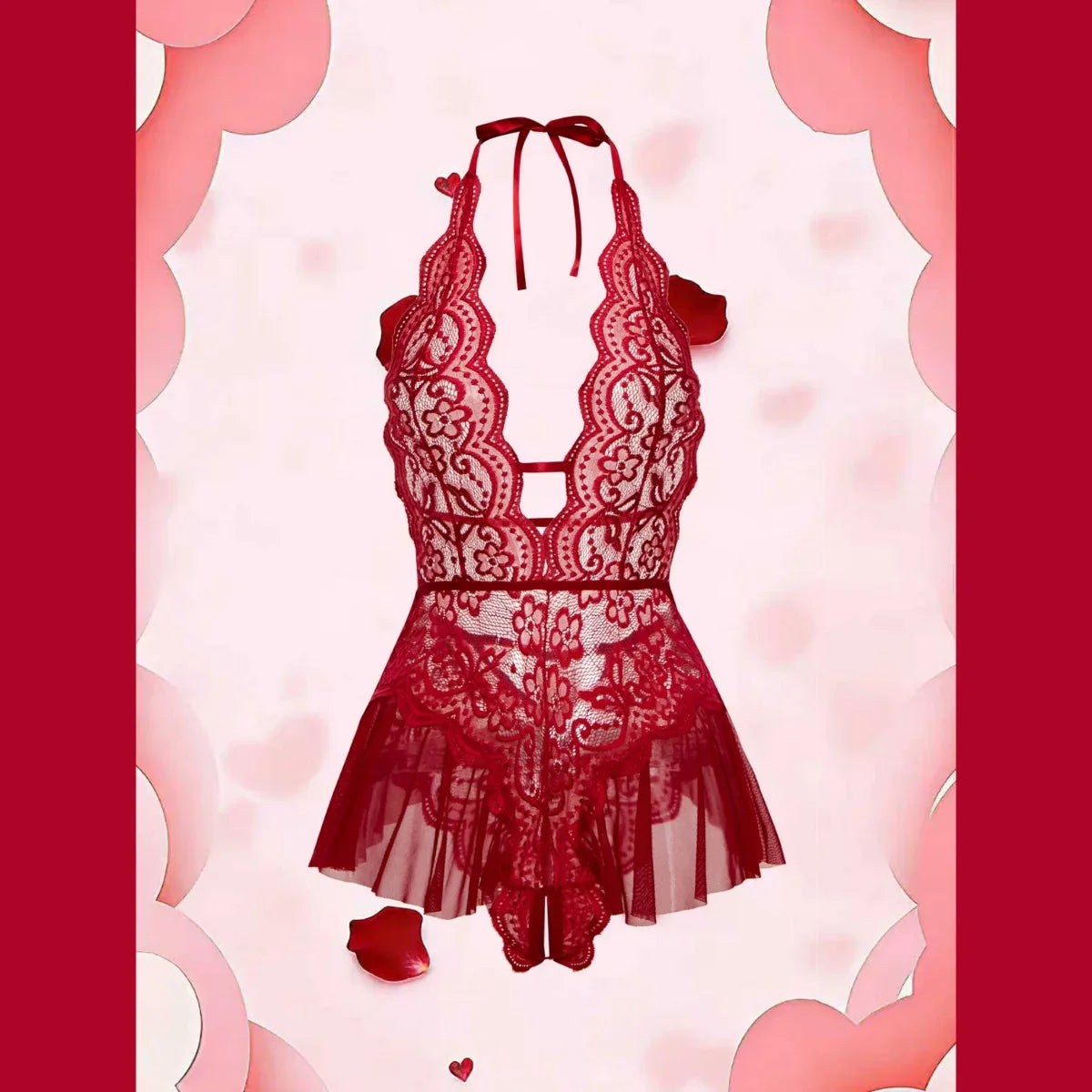 Erotic Crotchless Lingerie Teddies Bodysuit Lace Up Halter Deep V Babydoll Dress Backless Hollow Out Date Night Outfit