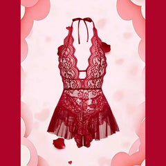 Erotic Crotchless Lingerie Teddies Bodysuit Lace Up Halter Deep V Babydoll Dress Backless Hollow Out Date Night Outfit