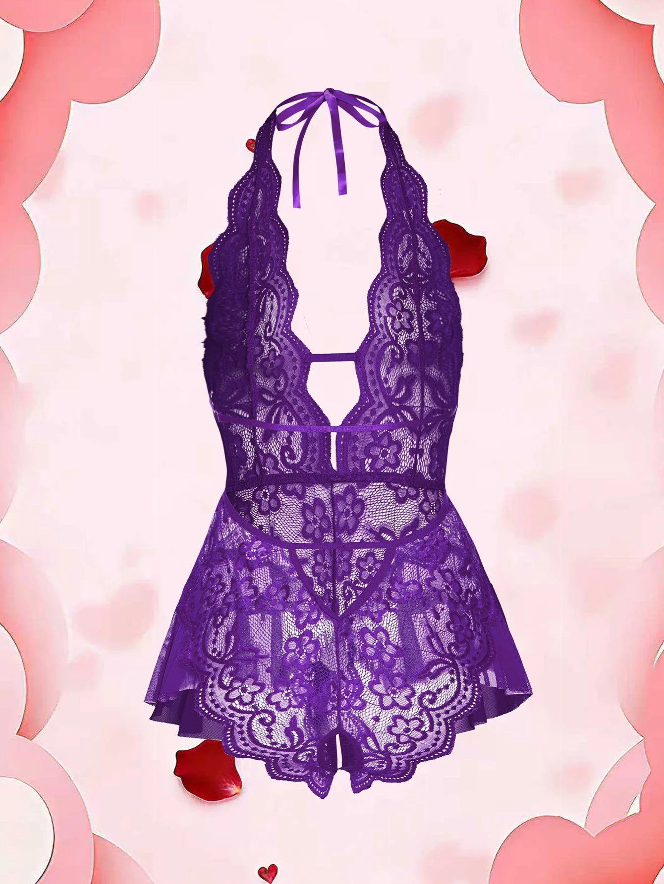 Erotic Crotchless Lingerie Teddies Bodysuit Lace Up Halter Deep V Babydoll Dress Backless Hollow Out Date Night Outfit