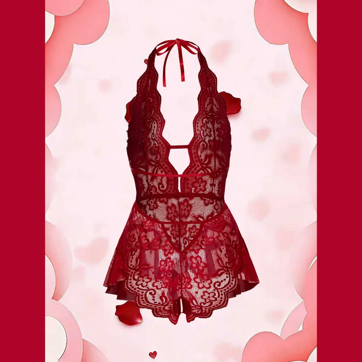 Erotic Crotchless Lingerie Teddies Bodysuit Lace Up Halter Deep V Babydoll Dress Backless Hollow Out Date Night Outfit
