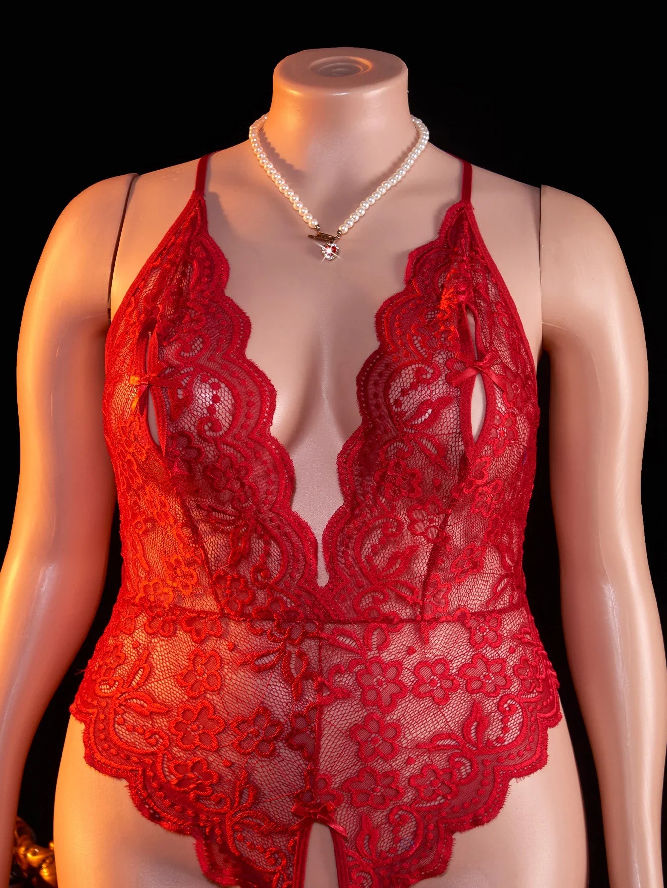 Erotic Plus Size Lace Halter Teddy Bodysuit Crotchless Criss-Cross Back Deep V Neck Open Crotch Lingerie 1XL-4XL