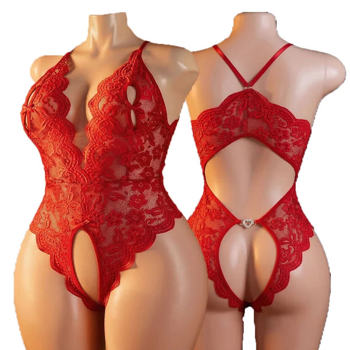 Erotic Plus Size Lace Halter Teddy Bodysuit Crotchless Criss-Cross Back Deep V Neck Open Crotch Lingerie 1XL-4XL