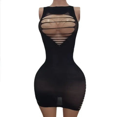 Erotic Pure Desire Black Lace round Neck Hollow out See-through Short Skirt Chest Exposure Tight Sleepwear