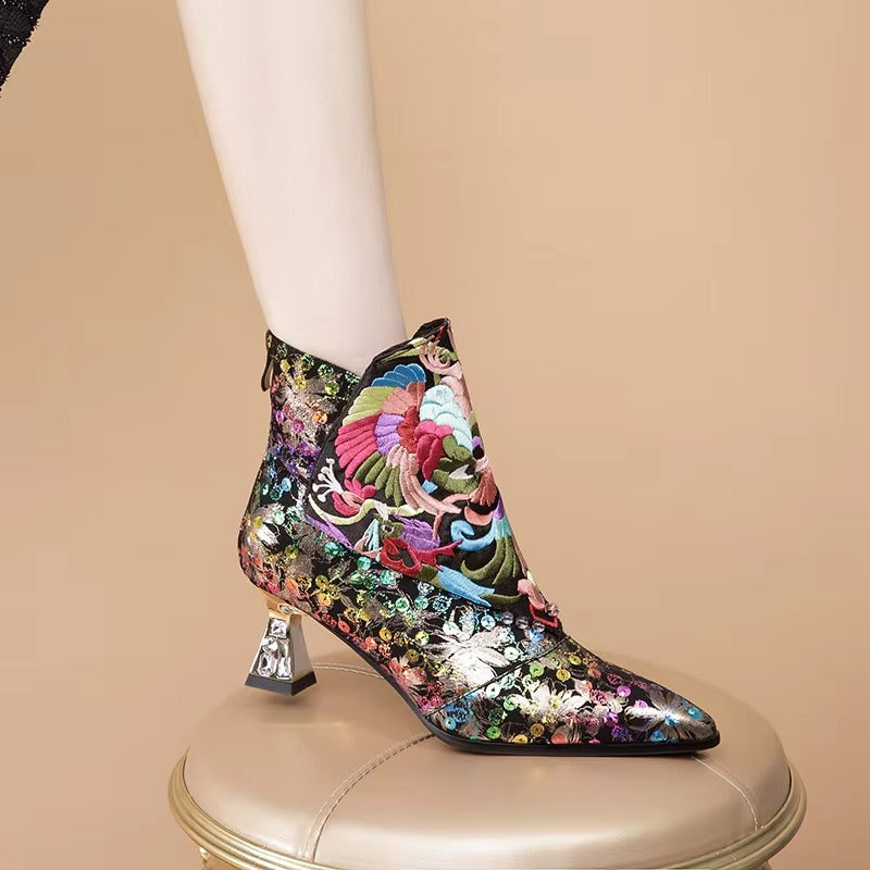 Ethnic Floral Embroidery handmade top quality pointed toe short Ankle Boot