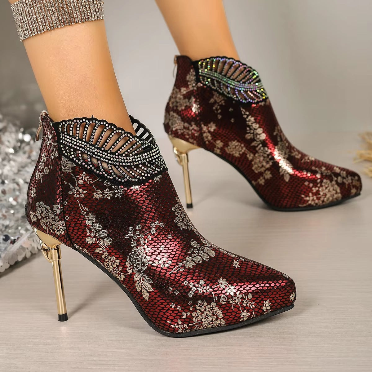 Casual Ethnic Pointed Toe Bling Ankle Modern Thin Heels Boots