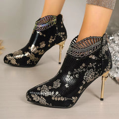Casual Ethnic Pointed Toe Bling Ankle Modern Thin Heels Boots