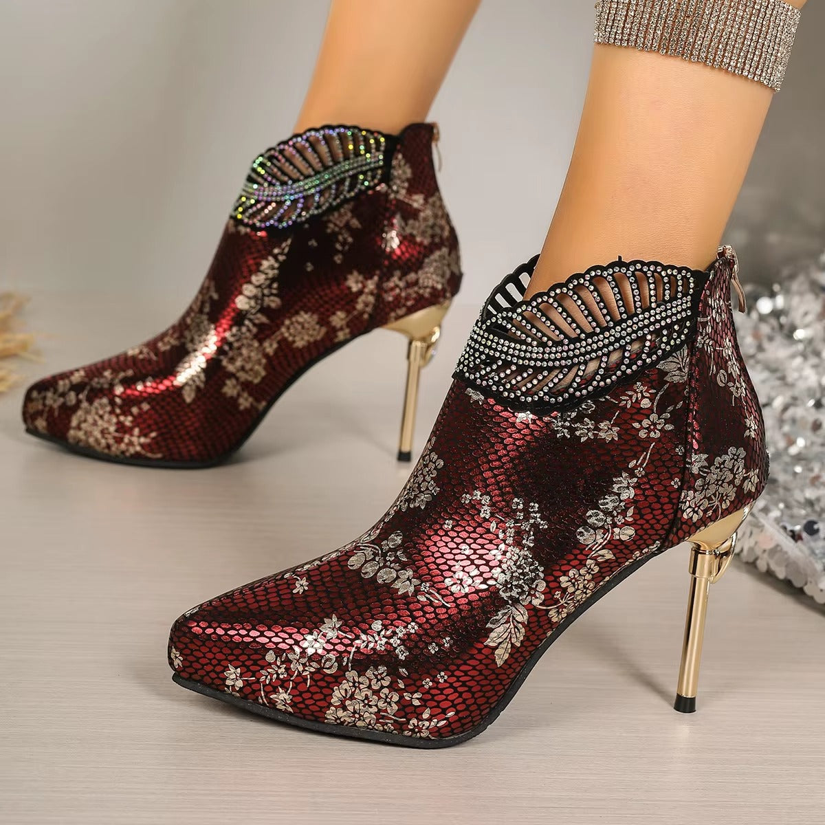 Casual Ethnic Pointed Toe Bling Ankle Modern Thin Heels Boots