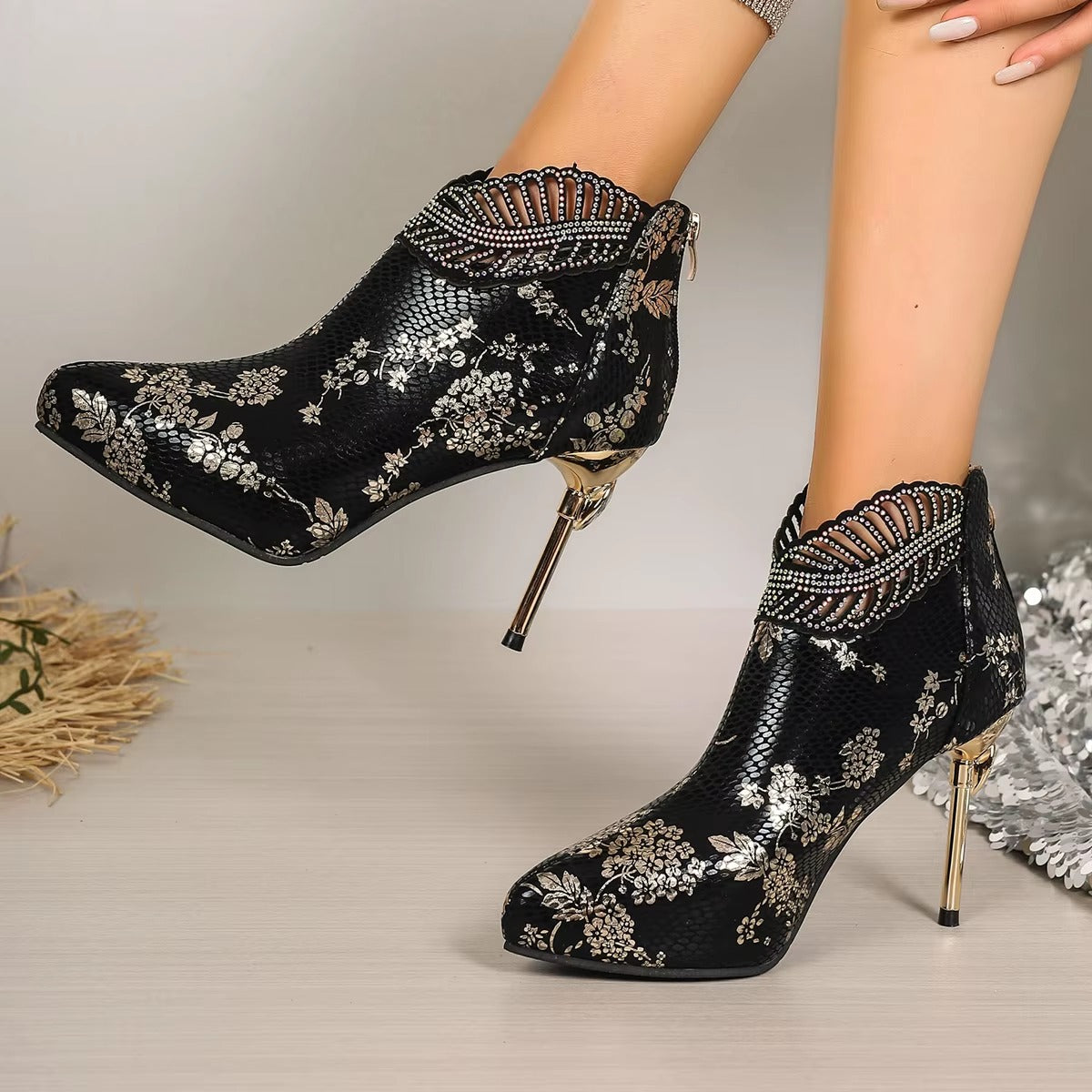 Casual Ethnic Pointed Toe Bling Ankle Modern Thin Heels Boots