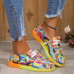 Ethnic Rainbow Canvas Casual Round Toe Print Lace-up Daily Flat Shoes