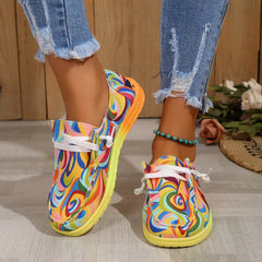 Ethnic Rainbow Canvas Casual Round Toe Print Lace-up Daily Flat Shoes