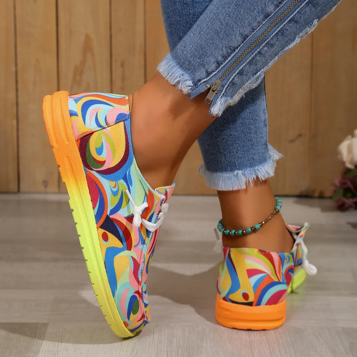 Ethnic Rainbow Canvas Casual Round Toe Print Lace-up Daily Flat Shoes
