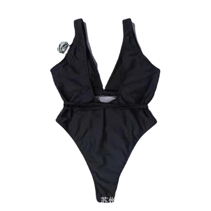 Euro-american swimsuit black mesh hollowed out lace-up one-piece swimsuit tight swimsuit bikini spot wholesale