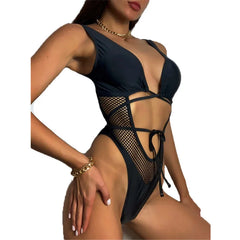 Euro-american swimsuit black mesh hollowed out lace-up one-piece swimsuit tight swimsuit bikini spot wholesale