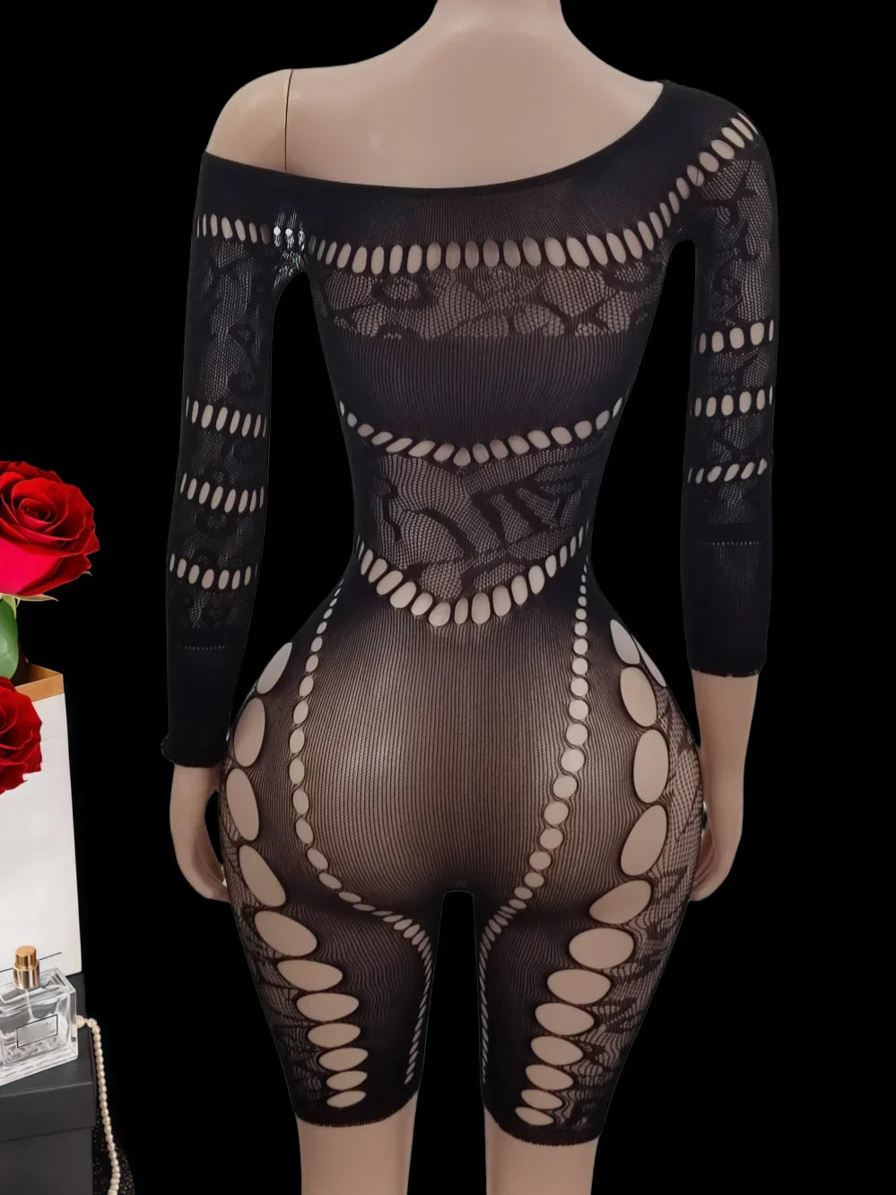 European Style Mesh Long Sleeve Bodysuit with Hollow out And Shoulder Baring Design