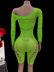 European Style Mesh Long Sleeve Bodysuit with Hollow out And Shoulder Baring Design