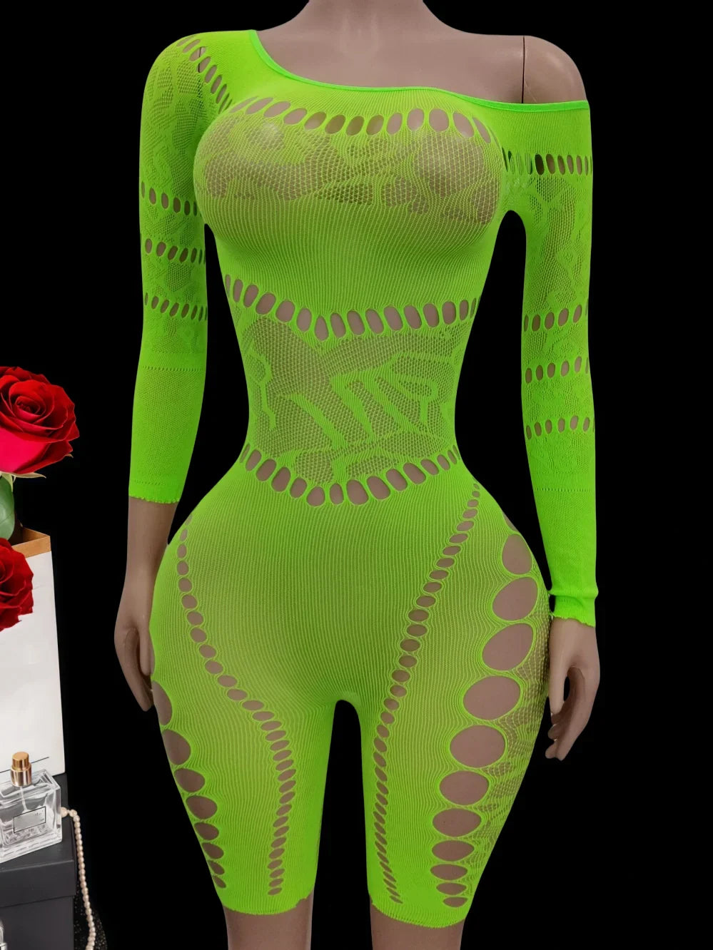 European Style Mesh Long Sleeve Bodysuit with Hollow out And Shoulder Baring Design