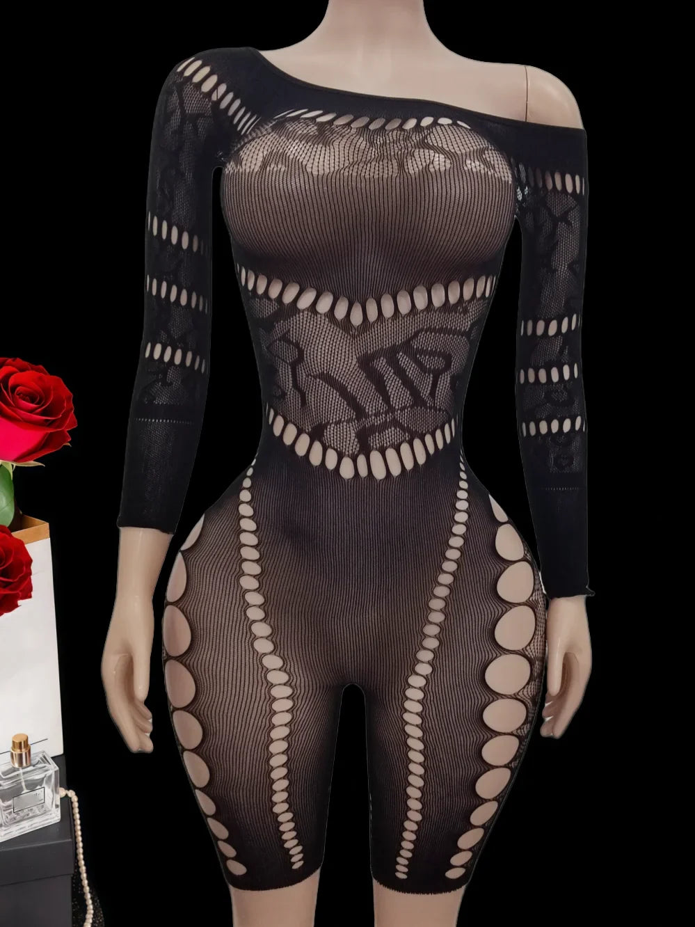 European Style Mesh Long Sleeve Bodysuit with Hollow out And Shoulder Baring Design