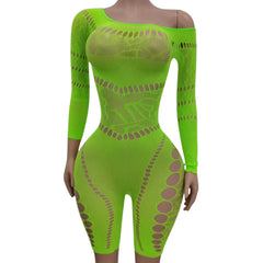 European Style Mesh Long Sleeve Bodysuit with Hollow out And Shoulder Baring Design