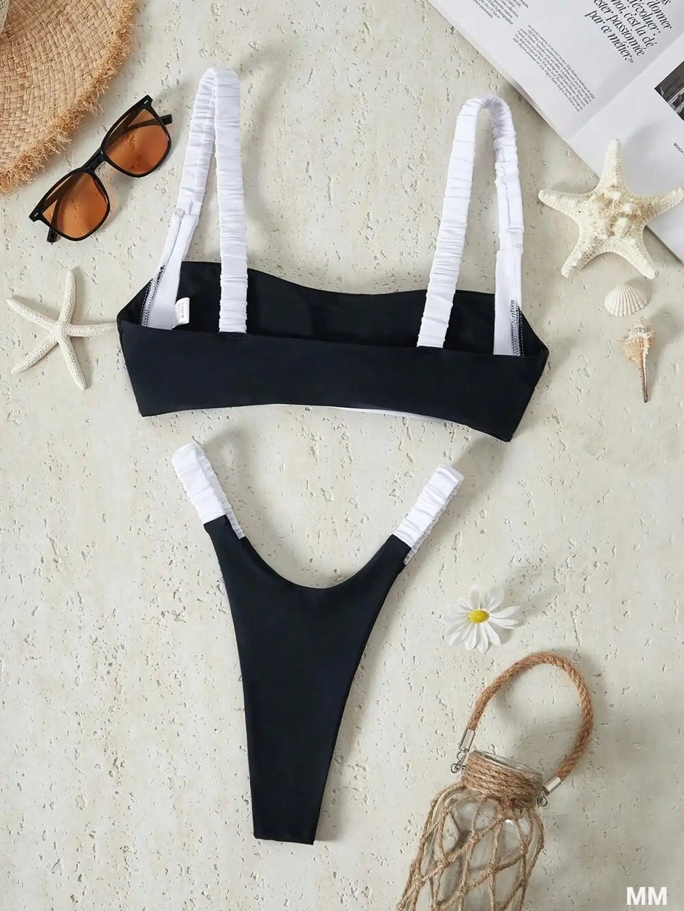 European and American beachwear patchwork bandeau split fashion thick-shouldered thong swimsuit