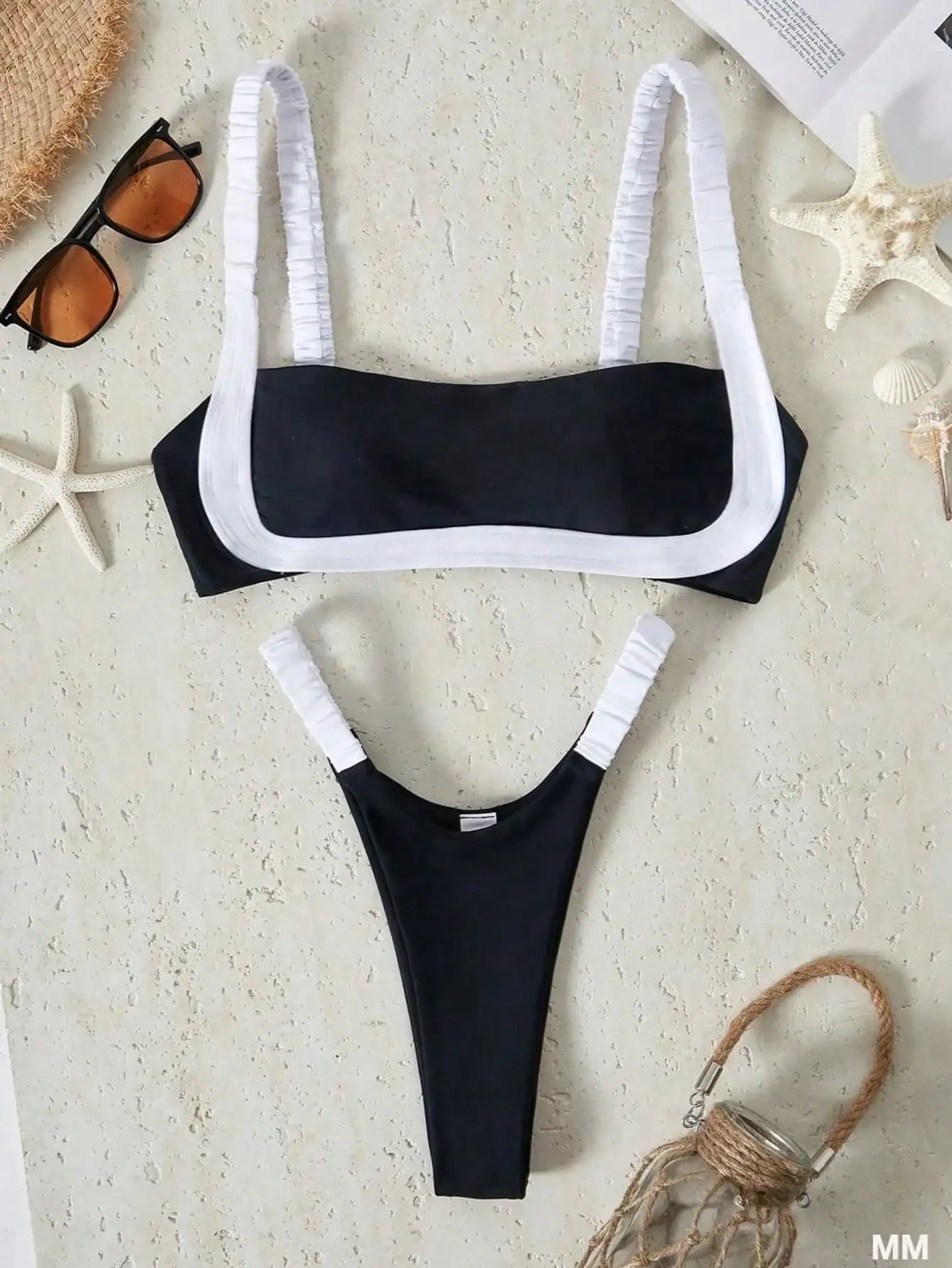European and American beachwear patchwork bandeau split fashion thick-shouldered thong swimsuit