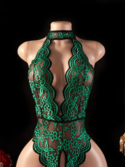 Exotic Babydoll Hollow Out Halter Bodysuit One Piece Lace Female Lingerie Erotic Lingeries Crotchless Intimate Fetish Dress