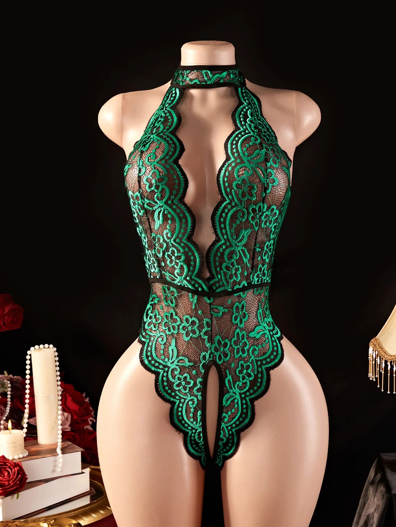 Exotic Babydoll Hollow Out Halter Bodysuit One Piece Lace Female Lingerie Erotic Lingeries Crotchless Intimate Fetish Dress