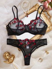 Fairy Lingerie Transparent Bralette 2-Piece Underwear Sets Floral Embroidery Steel Ring Bra And Panty Exotic Set