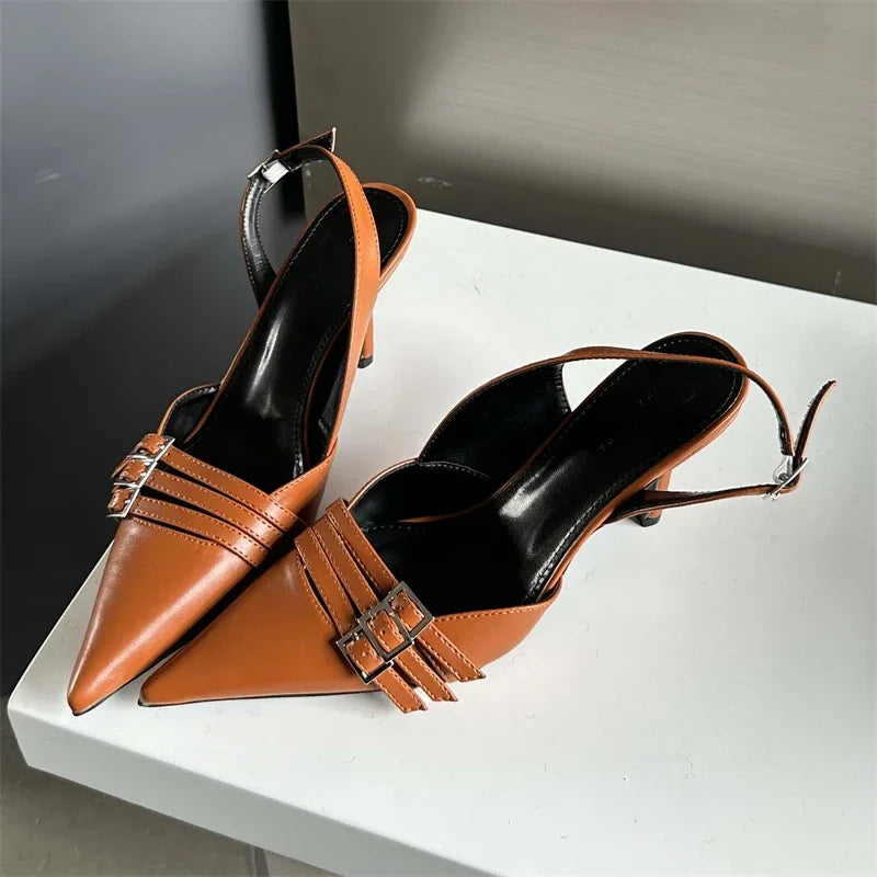 Fashion Belt Buckle Design Narrow Band Pointed Toe Pumps