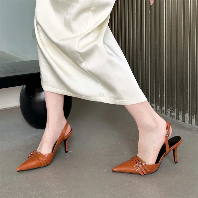 Fashion Belt Buckle Design Narrow Band Pointed Toe Pumps