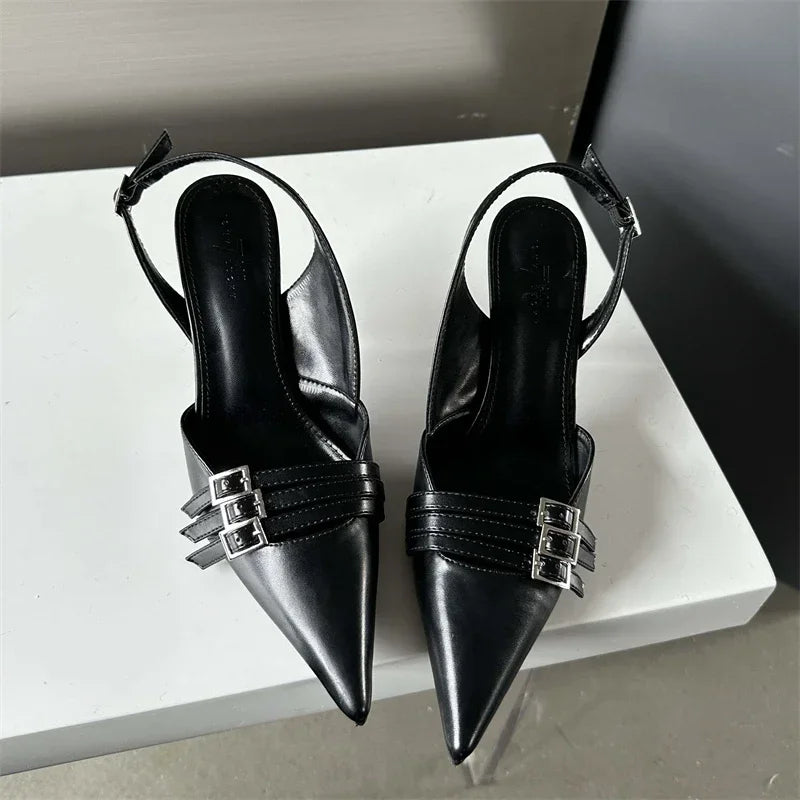 Fashion Belt Buckle Design Narrow Band Pointed Toe Pumps