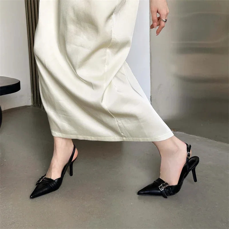 Fashion Belt Buckle Design Narrow Band Pointed Toe Pumps