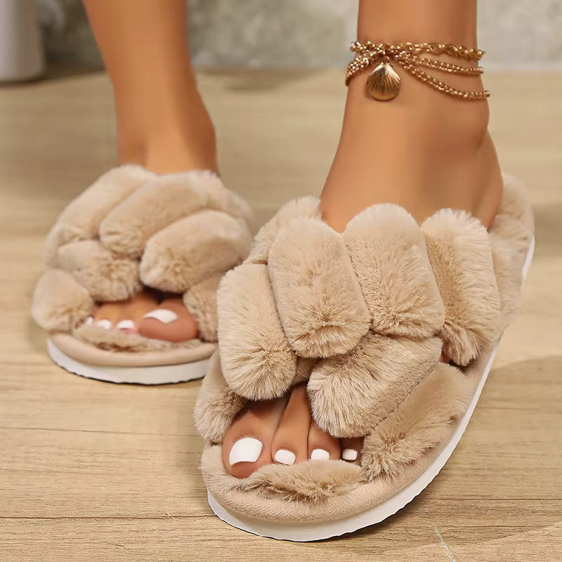 Fashion Cross Strap Peep Toe Warm Cotton Fluffy Slippers