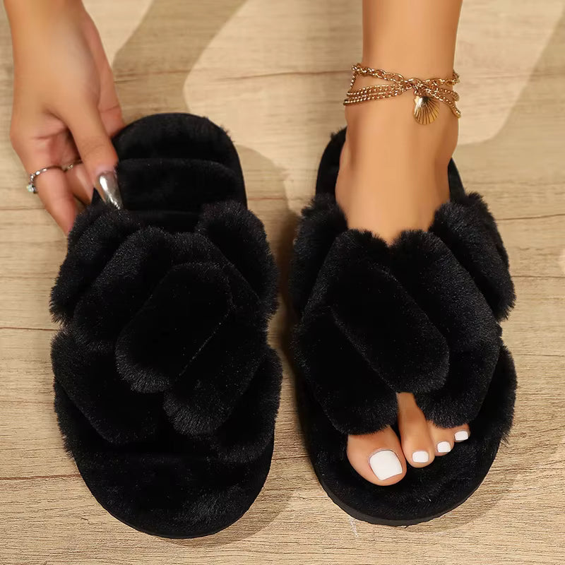 Fashion Cross Strap Peep Toe Warm Cotton Fluffy Slippers